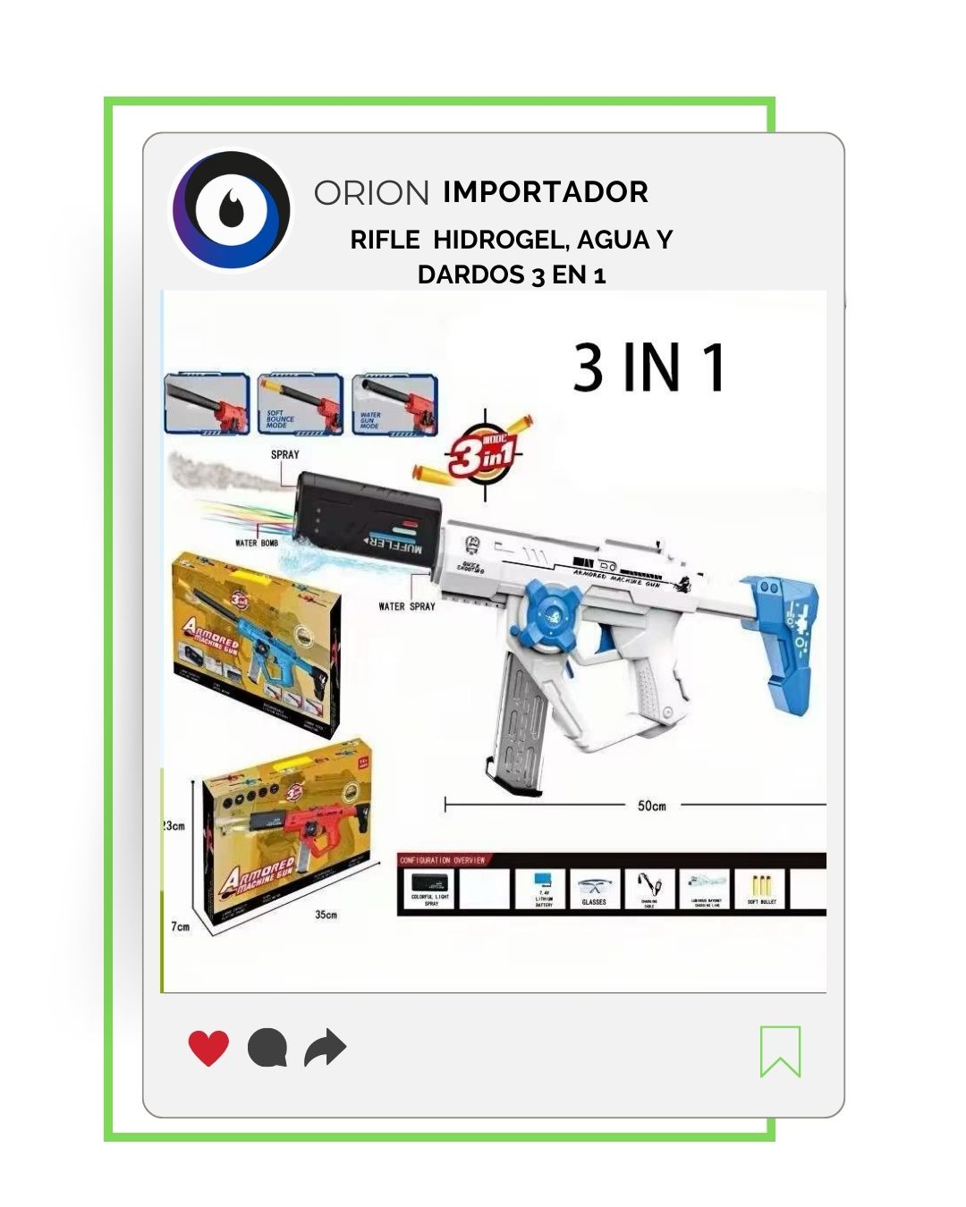 RIFLE HIDROGEL, AGUA, DARDOS 3 EN 1 CON LUZ Y HUMO